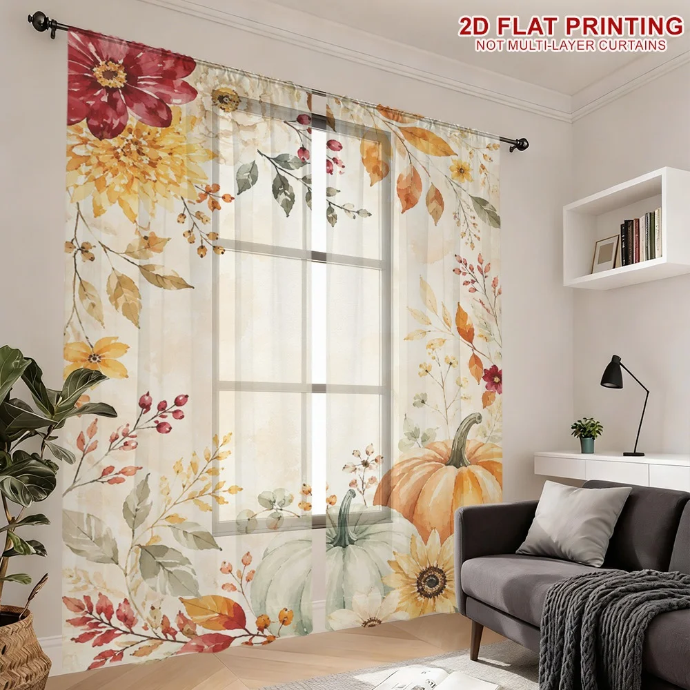 2PCS Thanksgiving Fall Sheer Curtains, Floral Pumpkin Autumn Leaf, Digital Print, Living Room Bedroom, Rod Pocket, Home Decor