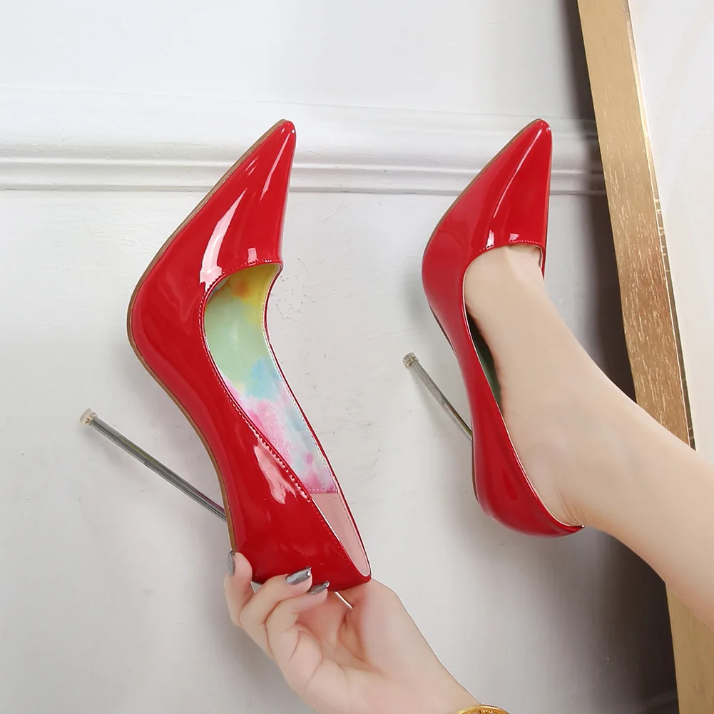 

12cmSexy Steel Pipe Dance Red Black Shoes For Woman 12cm Metal High Thin Heels Pointed Toe Stiletto Wedding Patent Leather Pumps