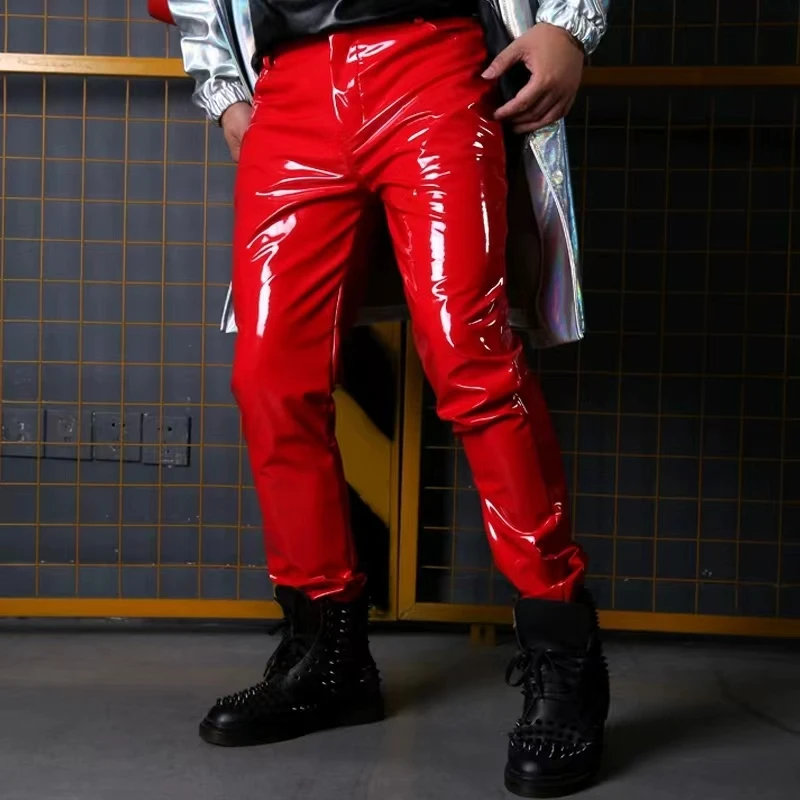 Super Beautiful Red Patent Leather Elastic Pants Versatile Stage Performance Costume Bar Nightclub DJ Stage Performance Costume