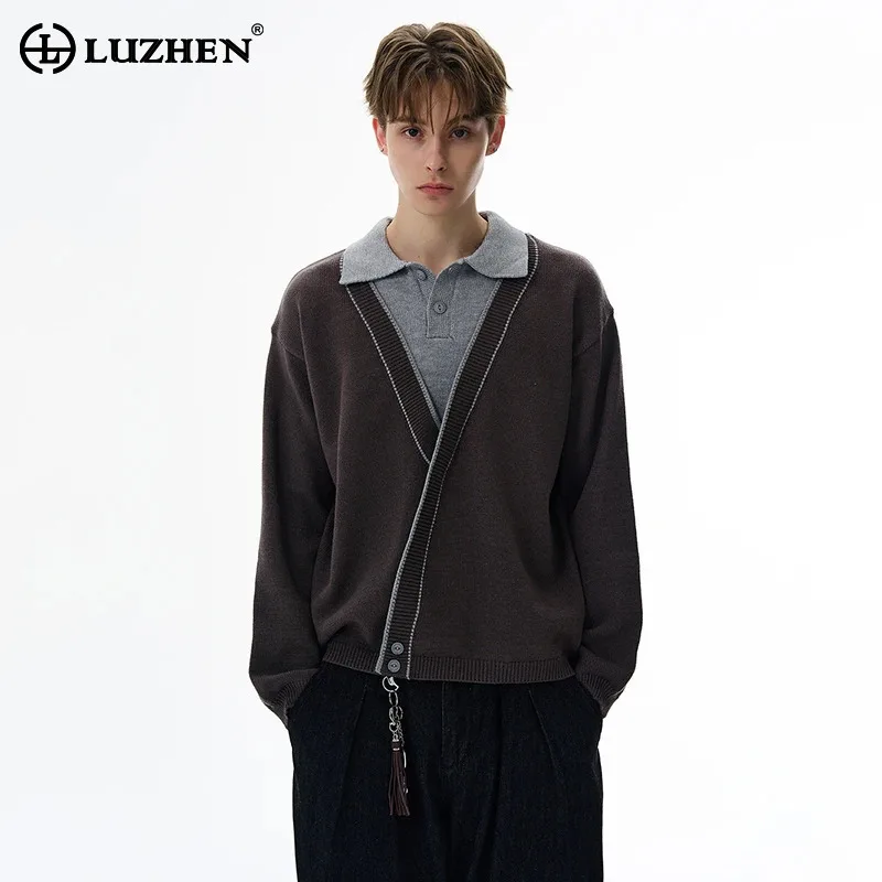 

LUZHEN Original Fake Two Piece Design Cross Neck Long Sleeve Knitted Pullover Men's 2025 Autumn Elegant Fashion Sweater JY4099