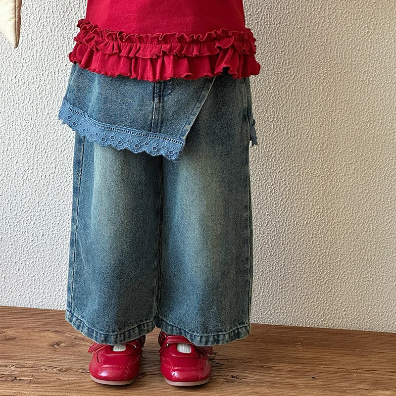 

Girls Wide Pants Jeans Spring and Autumn 2025 New Baby Loose Pants Children Autumn Versatile Casual Pants