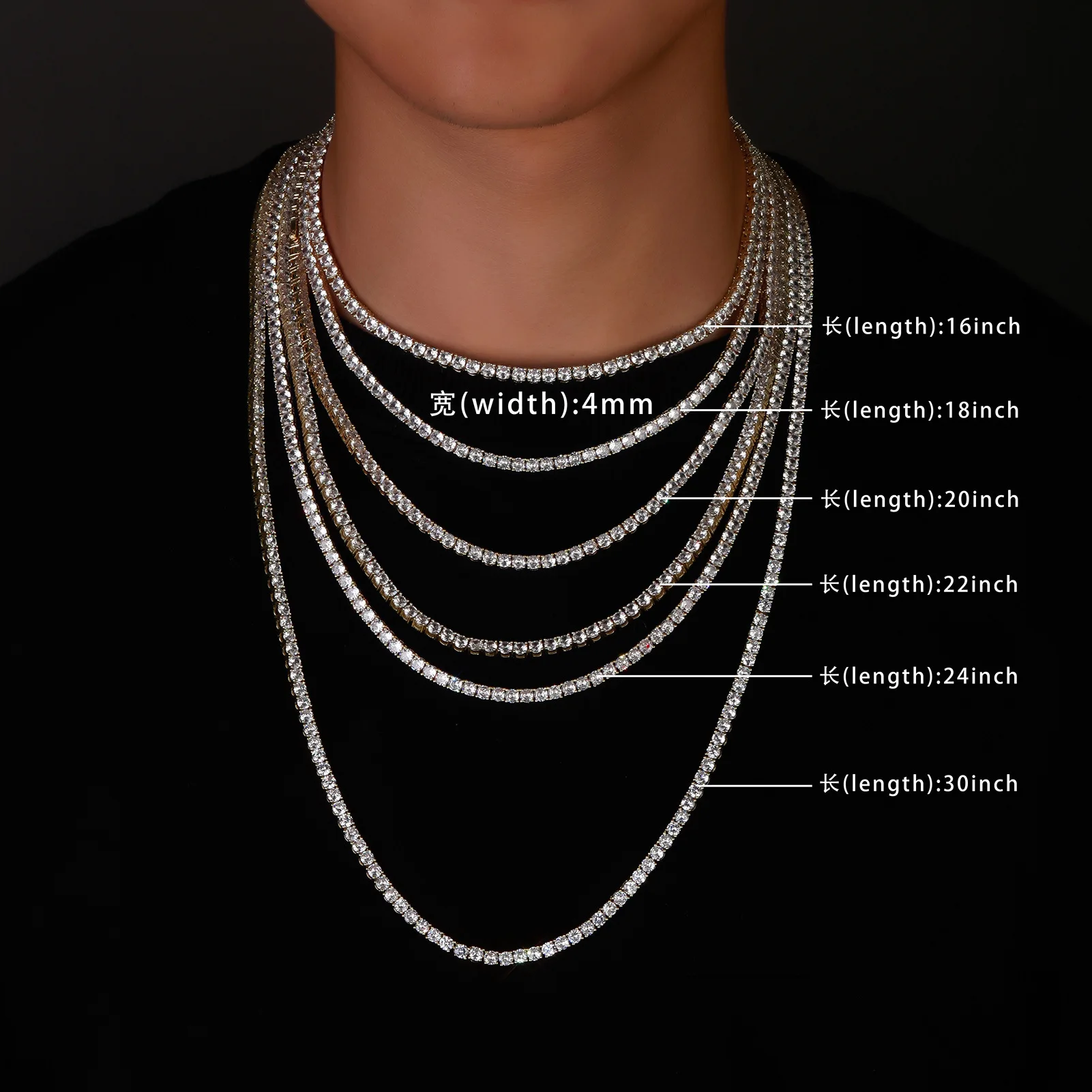 Hip hop necklace micro inlaid with copper zircon single row spring buckle personalized tennis chain 3mm 4mm 5mm jewelry