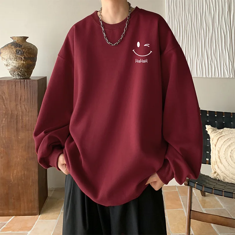 

New Burgundy Round Neck Sweater Men's Fall and Winter Smiley Face Printing Tide Padded Loose Casual Trend Versatile Youth Jacket