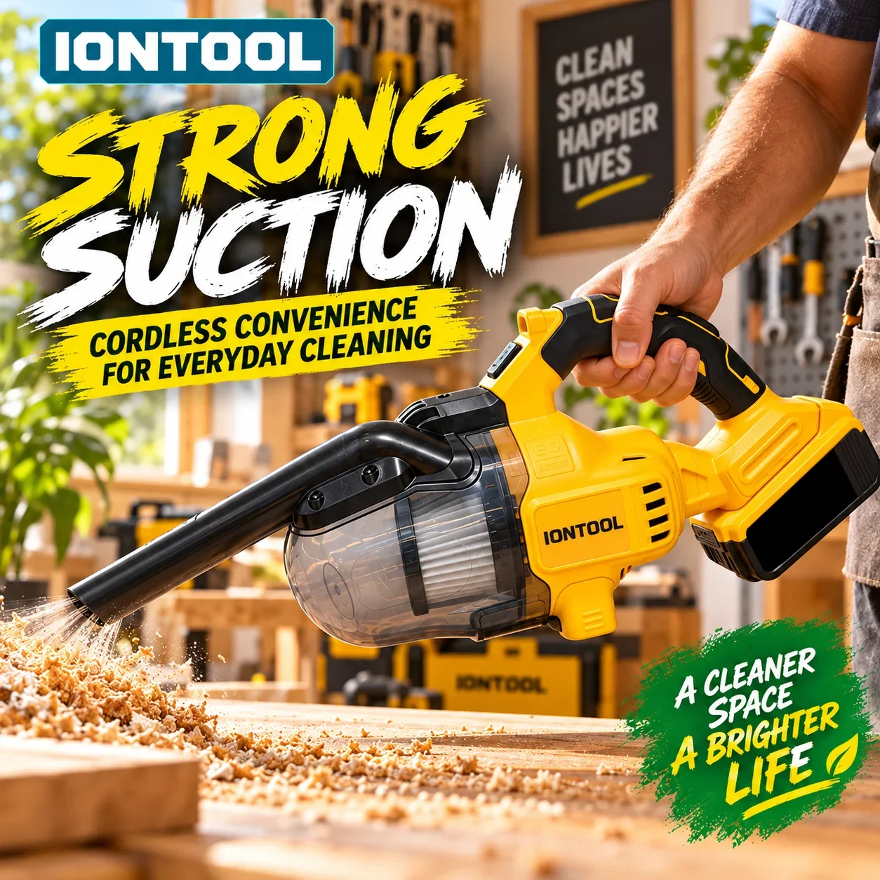 IONTOOL Yellow Cordless Vacuum 400W For Car Seat Pet Hair Pickup and Sofa Crevice Debris Extraction and Mattress Dust Removal