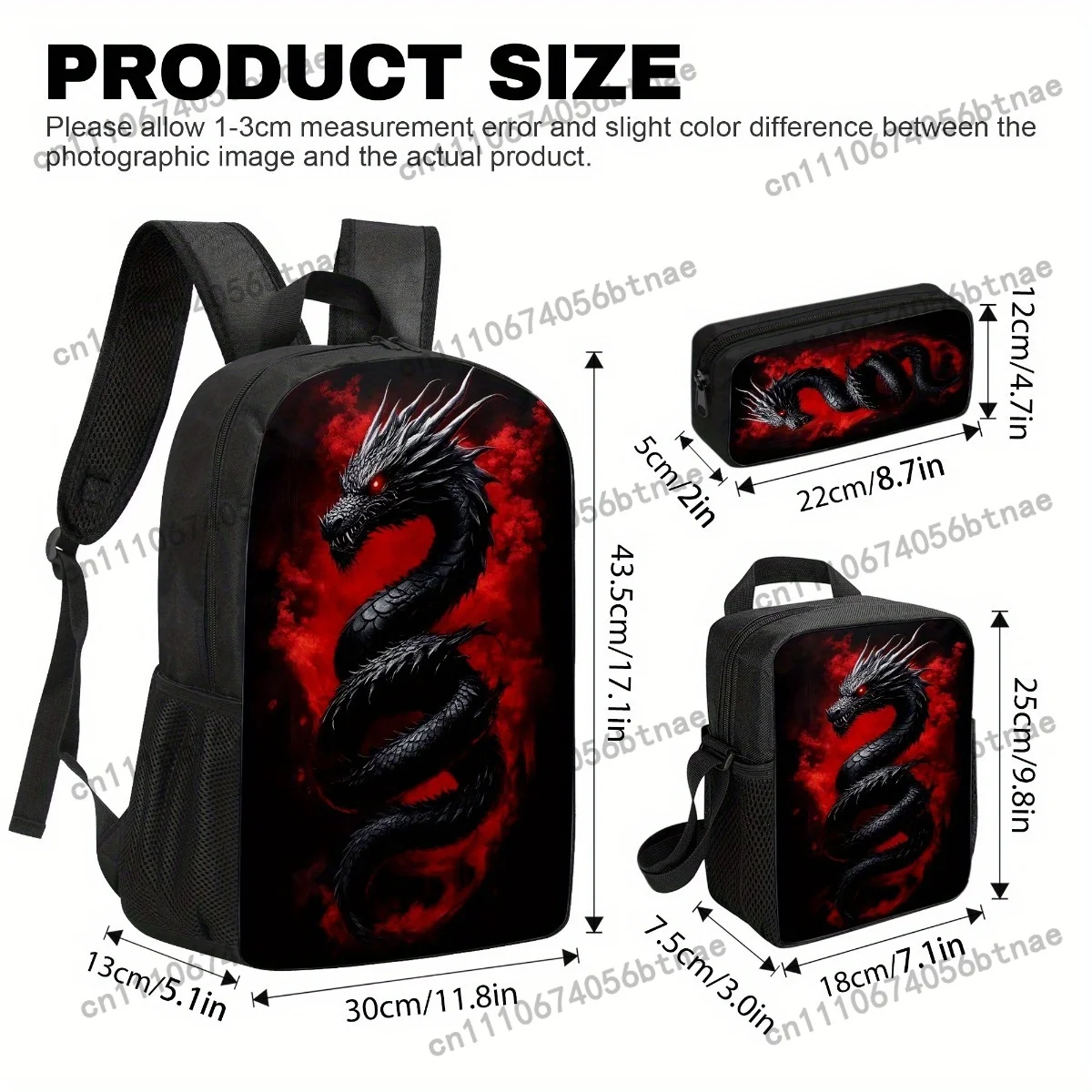 Black Dragon Themed Backpack Set 3pcs, Full Bundle Includes Durable Large-Capacity Bookpack & Insulated LunchBox & Versatile Org view 6
