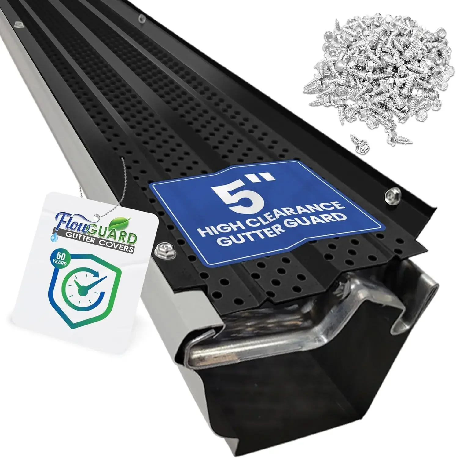 FlowGuard USA Made Professional DIY 5 Inch High Clearance 50-Year Gutter Cover System - Black - Aluminum Gutter Guards - 102 Fee