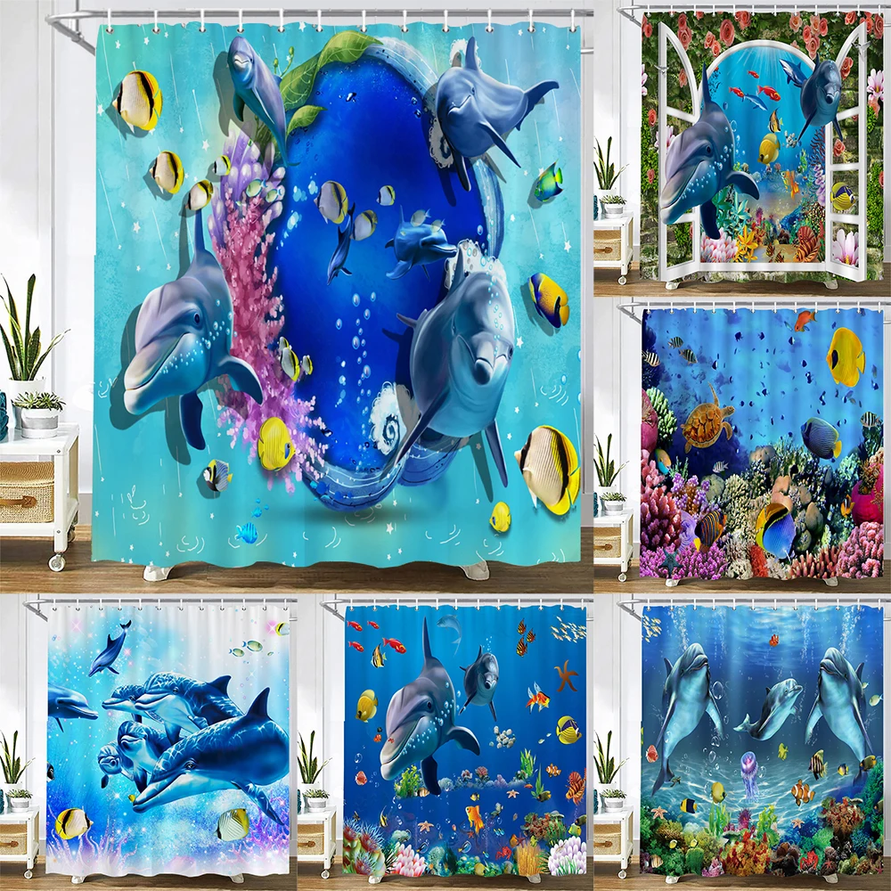 

Cartoon Ocean Dolphin Shower Curtain,Waterproof Bathroom Screen Sea Animal Shower Curtain Polyester High Quality Home Curtain