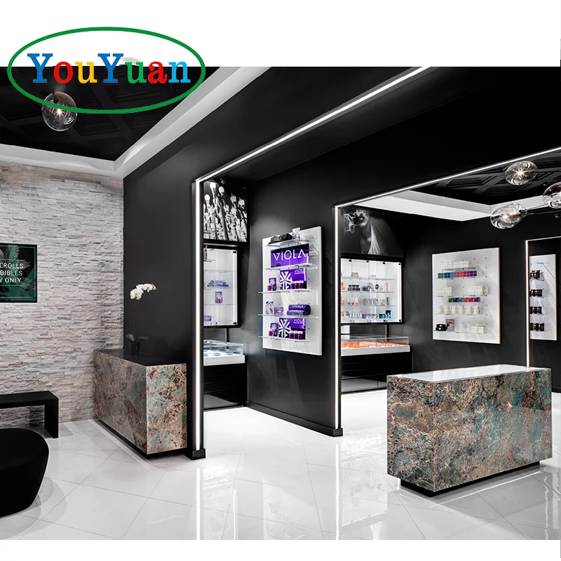 (customized)Artificial Marble Counter Aluminum Frame Smoke Shop Showcase Store LED Glass Shop Display Cabinet