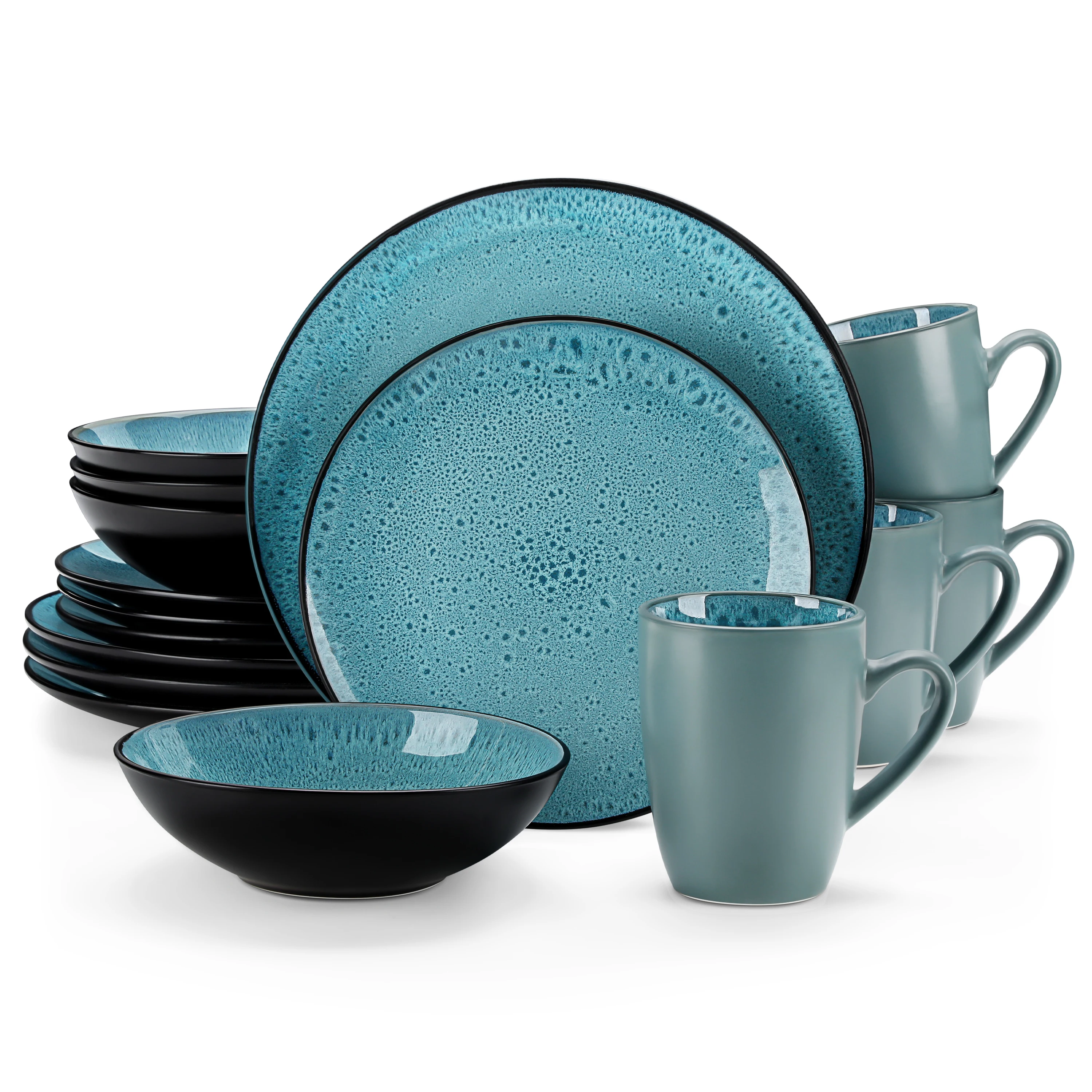 VANCASSO BUBBLE 16/32-delige serviesset vintage keramiek blauw/bruin steengoed set met diner- en dessertbord, kom, koffiekopjes