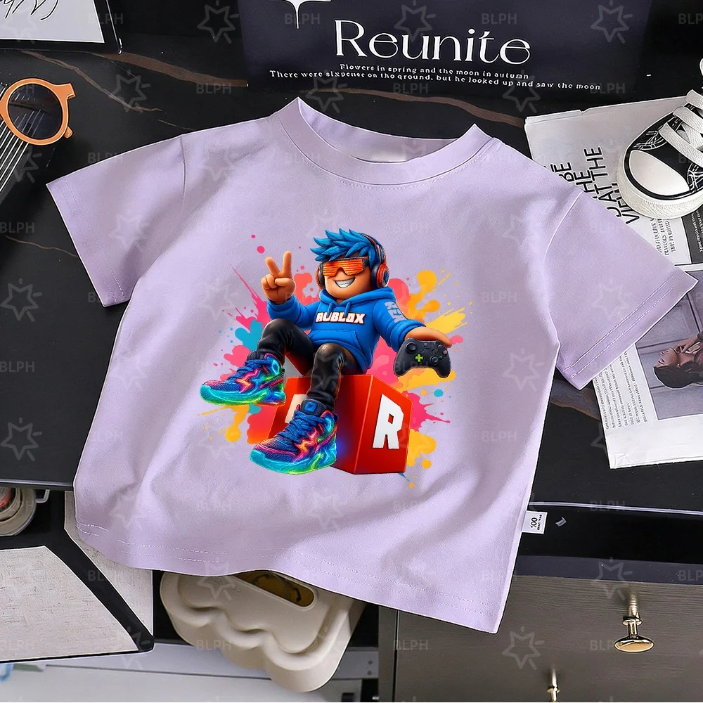 Camiseta com Capuz Roblox para Crianças com Estampa de Controle de Jogo, Design Colorido, Estilo de Jogo Moderno para Meninos/Meninas