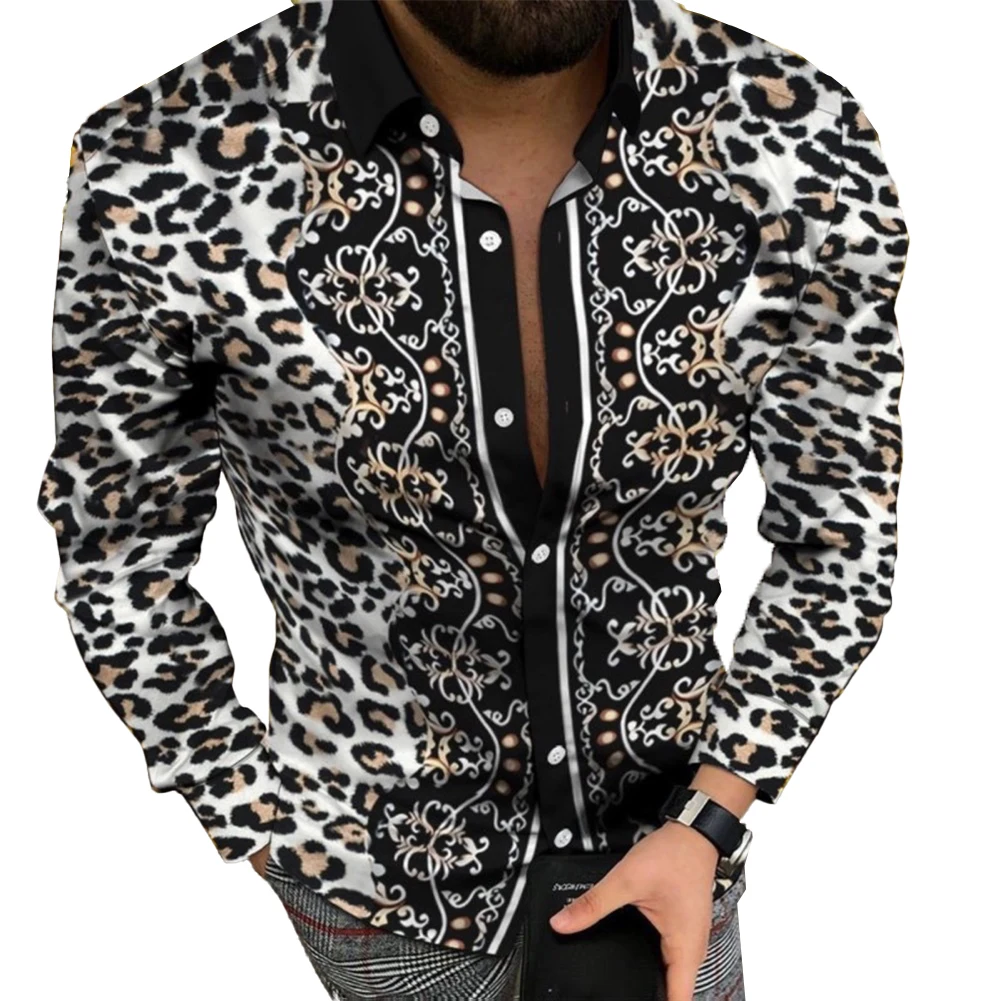 

Long Sleeve Baroque Printed Muscle Fitness Shirt, Men\\'s Casual Party Dress, Button Down Shirt, Hawaiian Style, Band Collar