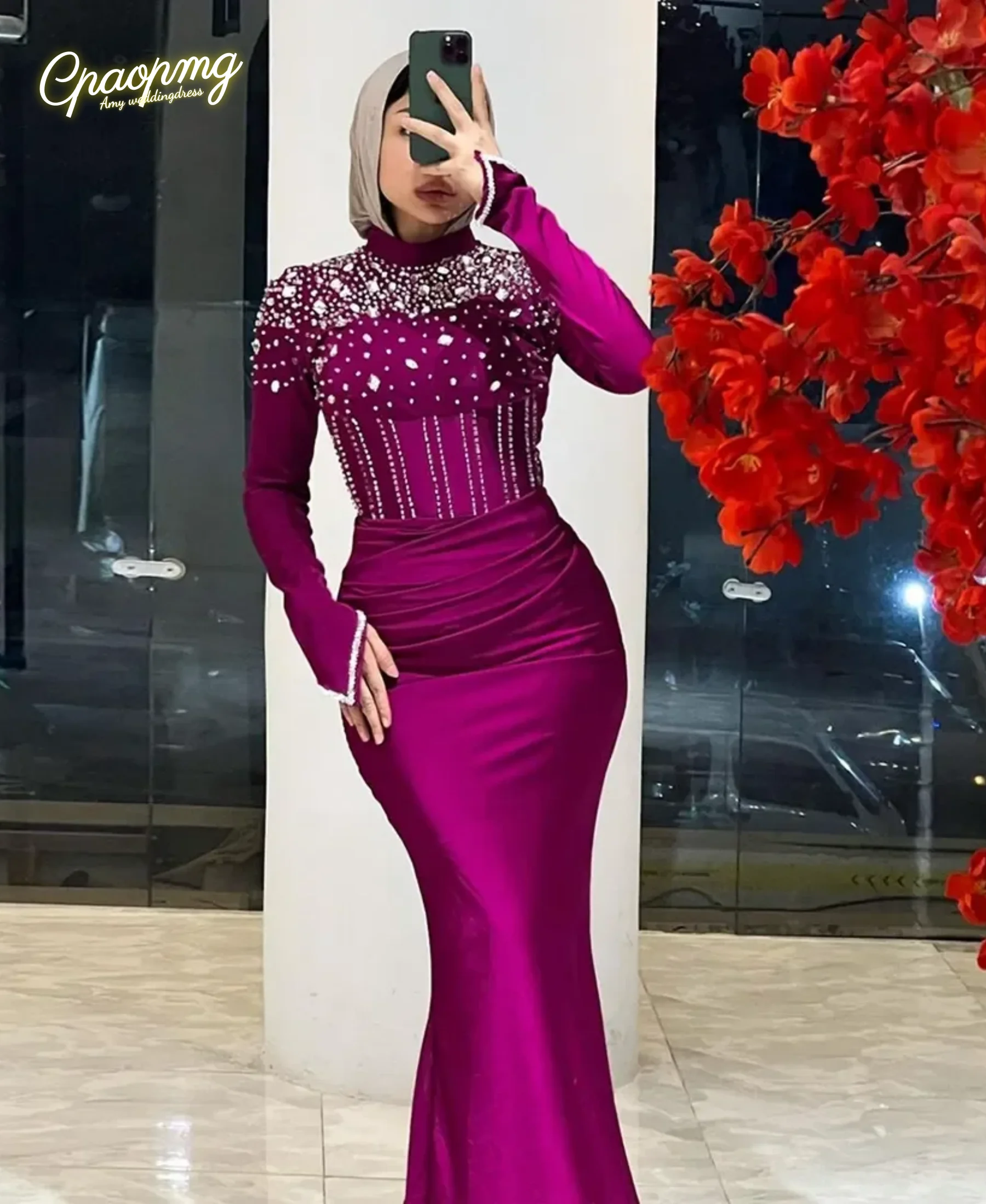 

Индивидуальные вечерние платья-русалки из кристаллов для мусульманок, с высоким воротом, длинными рукавами, в арабском стиле, из Дубая, формальные, плиссированные, из атласа, для торжественных мероприятий