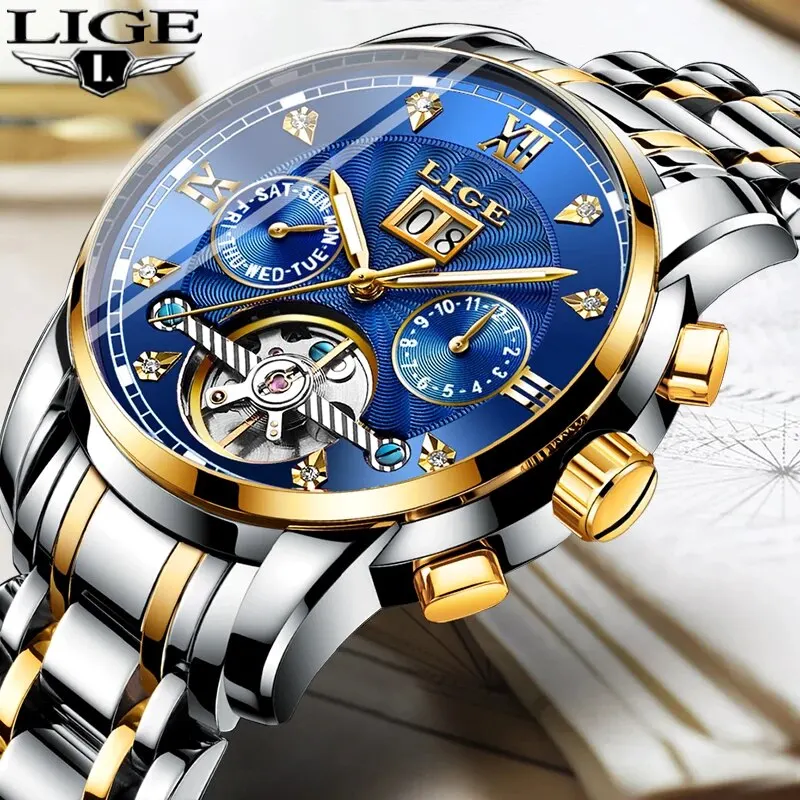 LIGE 2024 Top Brand Luxury Tourbillon Watch Men Fashion Sport Men\'s Mechanical Wristwatches Casual Waterproof Automatic Watch