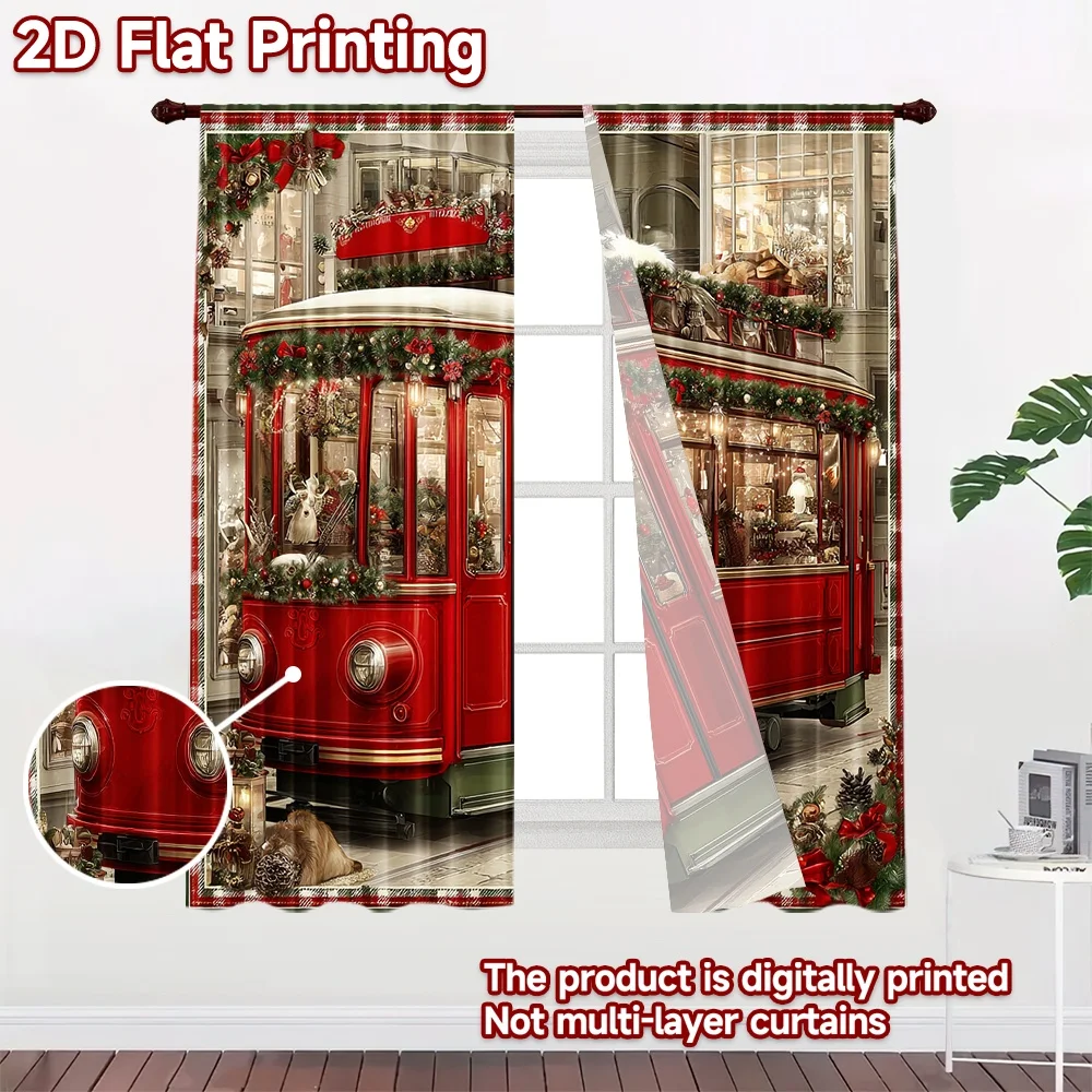 2D flat 2pcs Curtain Home Short Curtains Christmas Red Trolley Digitally printed polyester Party Decorations Perfect for Yard &