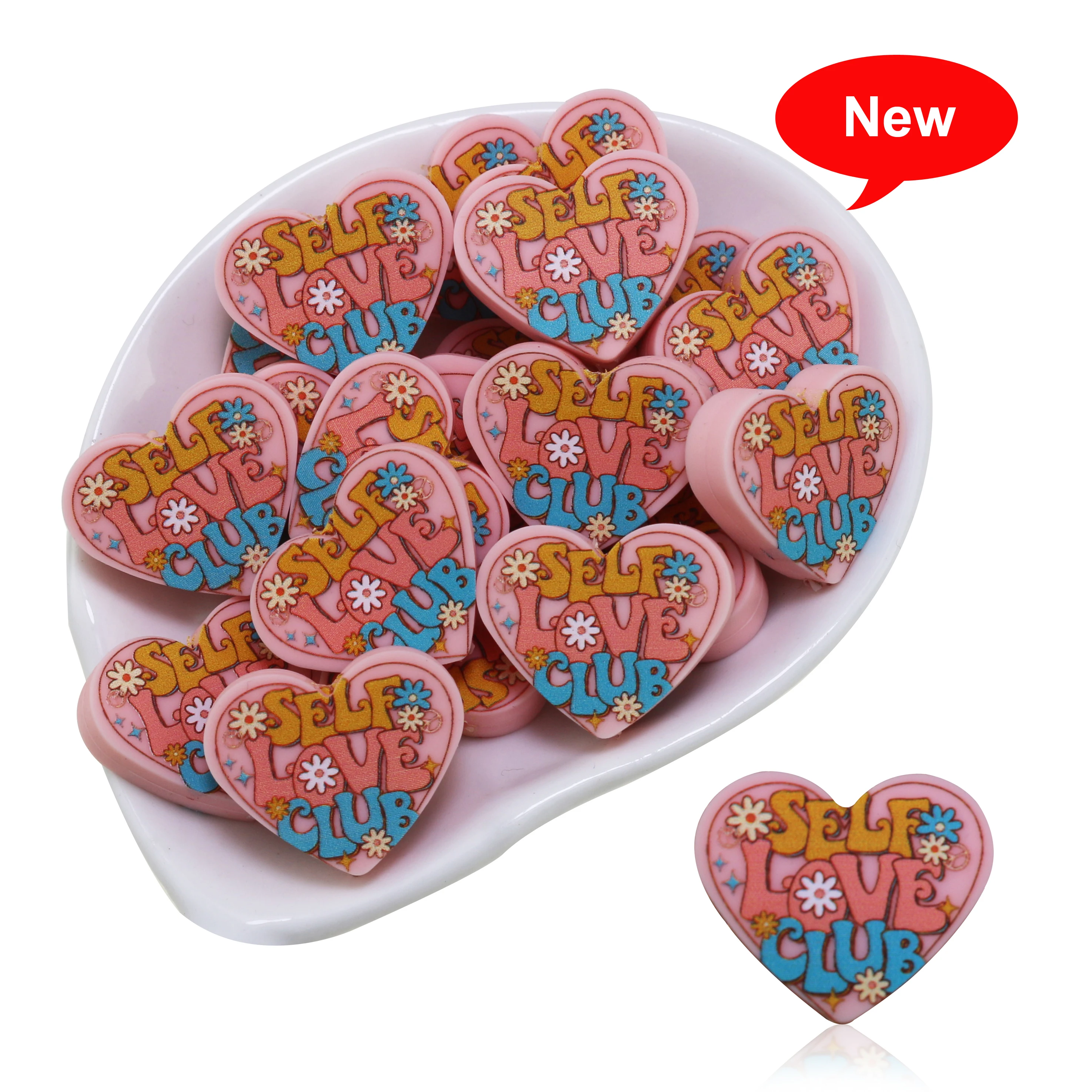 New 10pc Pink Heart Silicone Beads Self Love Club Flower Printing Teething Bead DIY Nipple Chain Jewelry Accessory