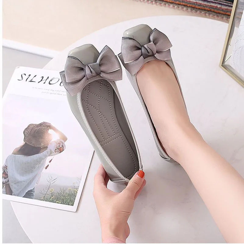 Moda Square Toe Women Flats Shoes Bow Women Shoes Patent Leather Casual Single Spring Ballerina Shallow Mouth Loafers Shoes