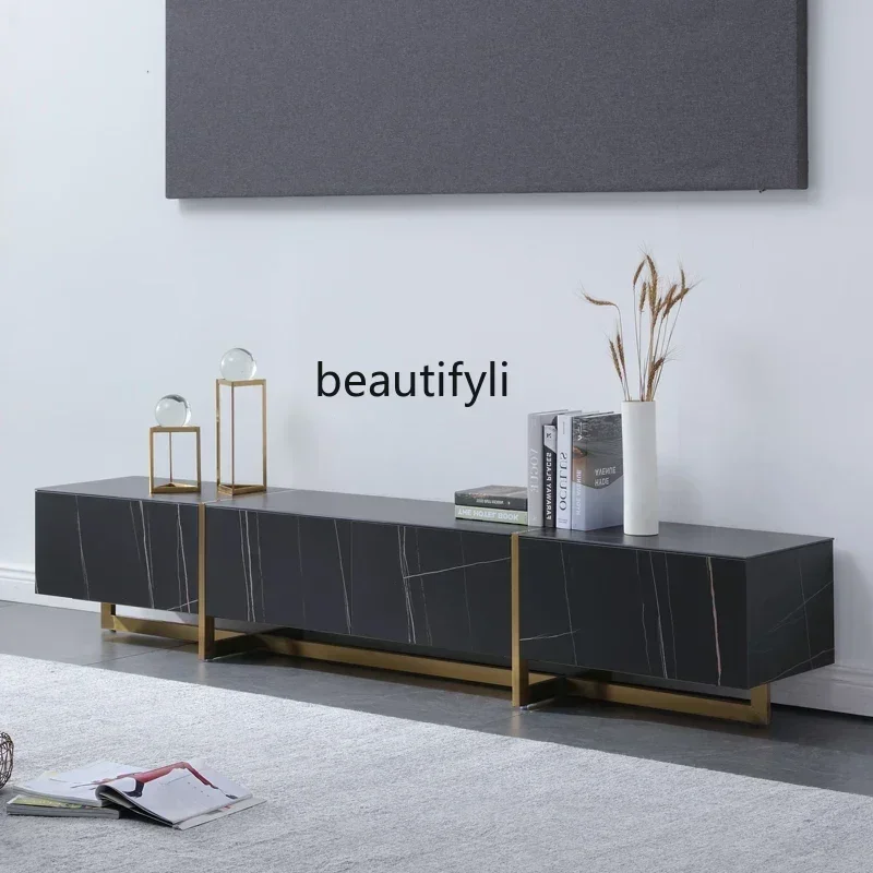 Black Stone Plate TV Cabinet Modern Light Luxury Household Storage Stainless Steel Marble Floor Cabinet