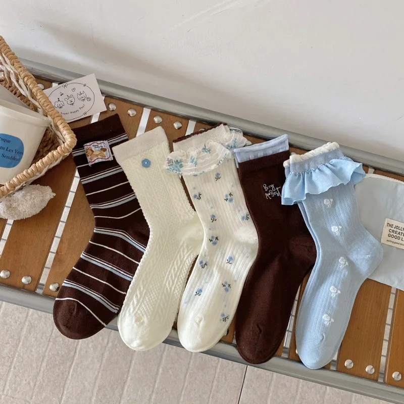 Cartoon Puppy Cloth Label Cute Socks Women Korean Button Striped Lace Medium Tube Socks Floral Print Sweet Cotton Long Socks Sox