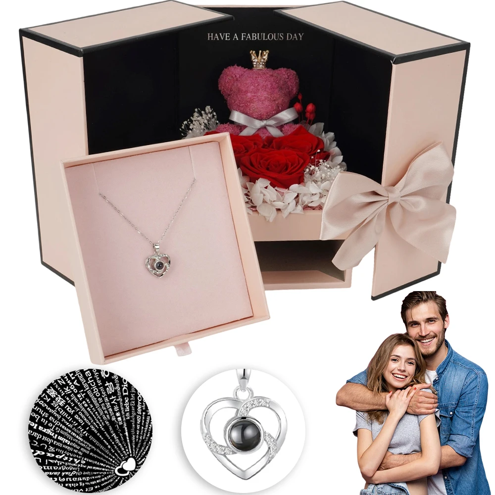 Rose éternelle avec collier « Je t'aime » en 100 langues – Coffret cadeau surprise romantique – Véritable rose faite à la main – Cadeau pour anniversaire, Saint-Valentin, demande en mariage pour elle