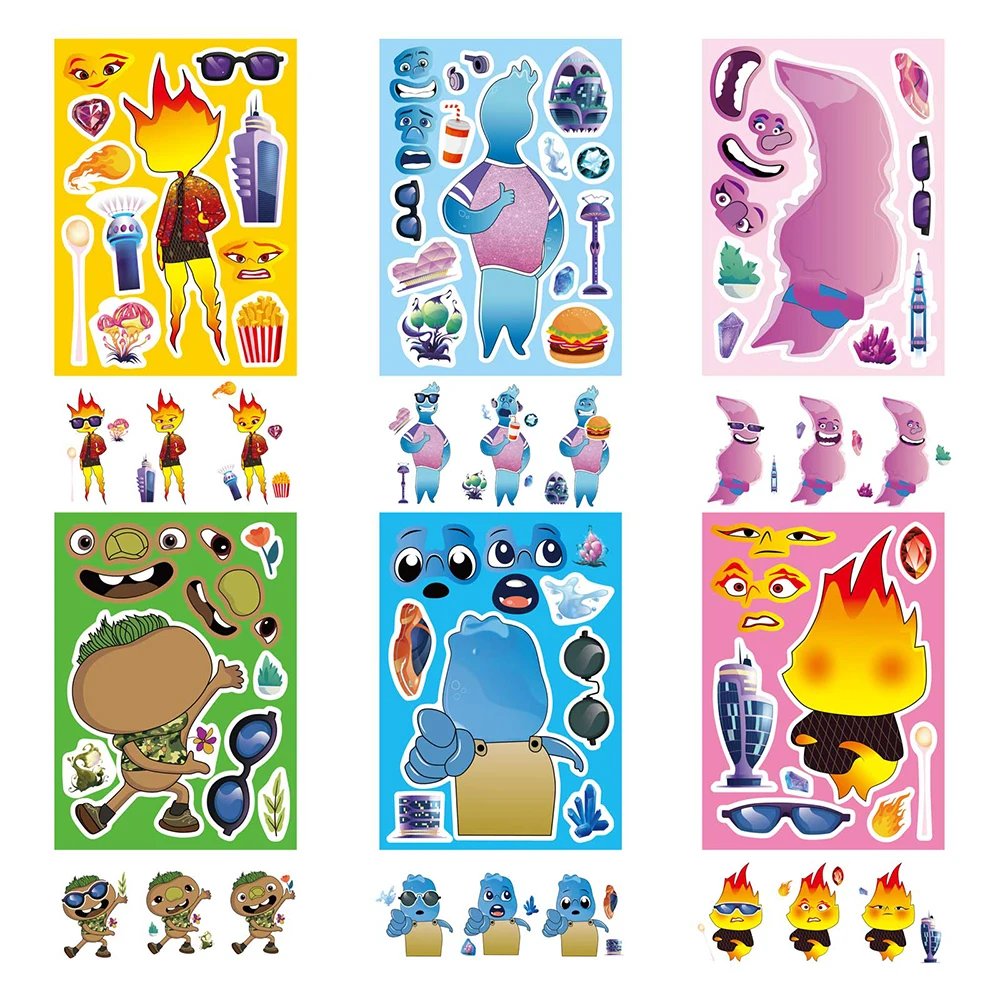 6/12Sheets Disney Make a Face Puzzle Stickers Cartoon Elemental Kids Funny Assemble Jigsaw DIY Toys Party Games Decal Decoration