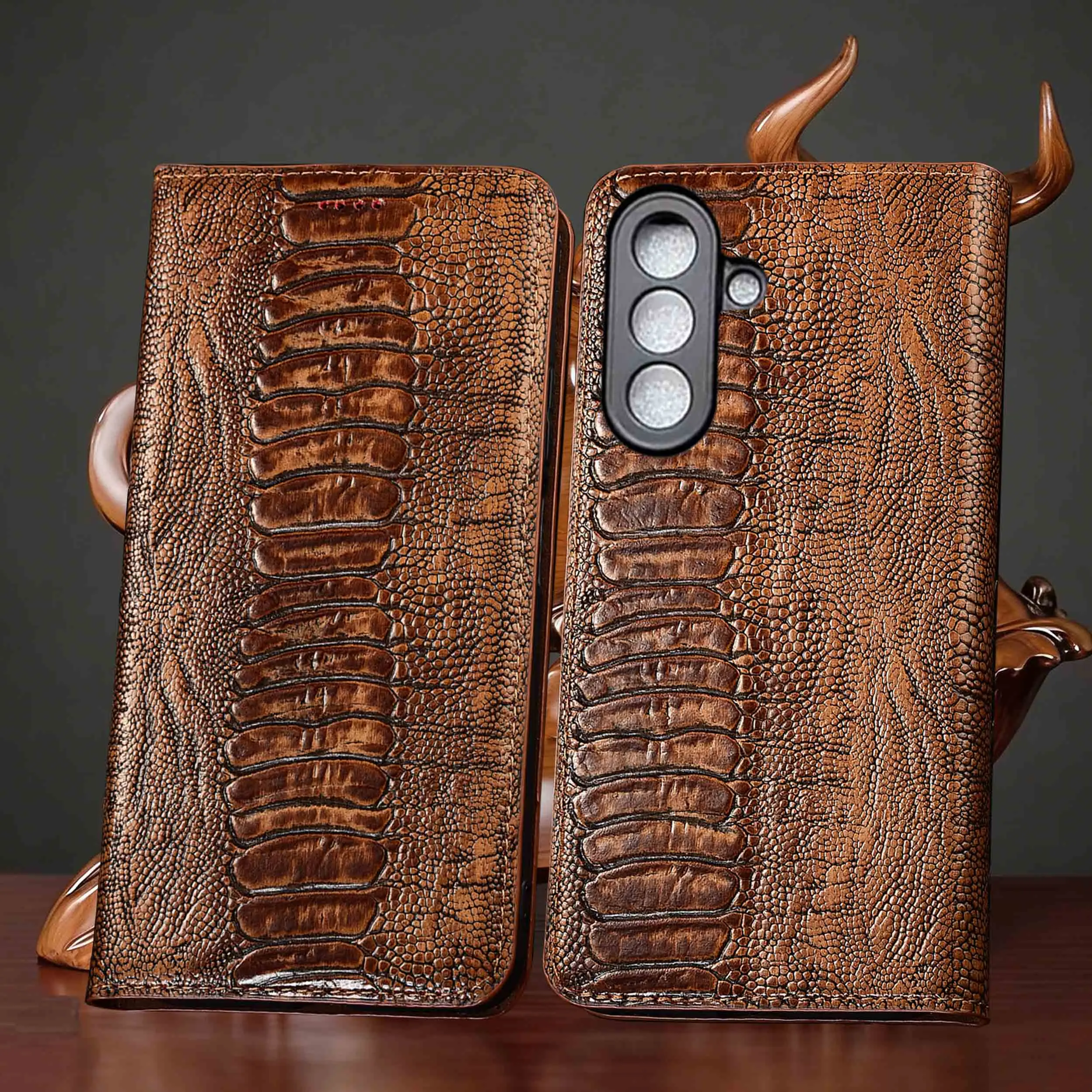 

For Samsung A14 A15 A16 A24 A26 A34 A35 A36 A53 A54 A56 A73 4G 5G Ostrich Feet Pattern Genuine Leather Flip Phone Case Cowhide