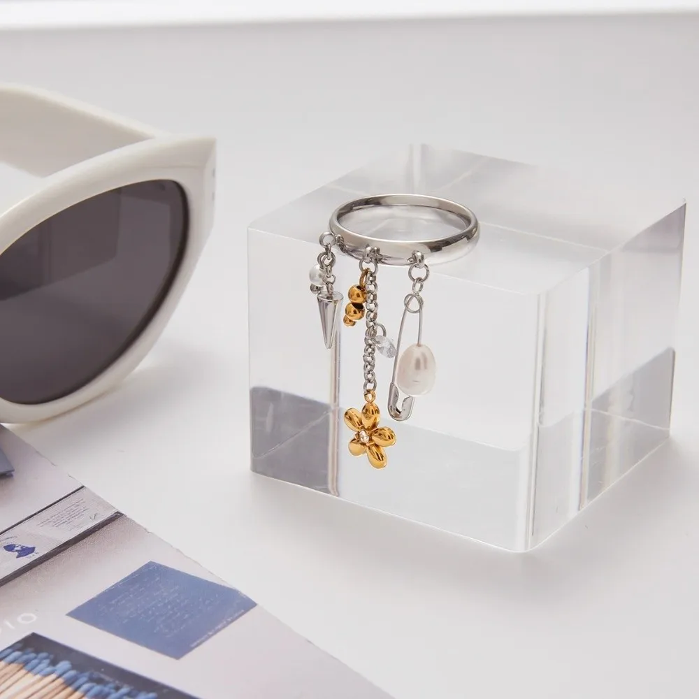 

Y2K Style Tassel Ring Pearl Flower Pendant 18K Gold Color Plated Layer Chain Ring Stainless Steel Imitation Pearl