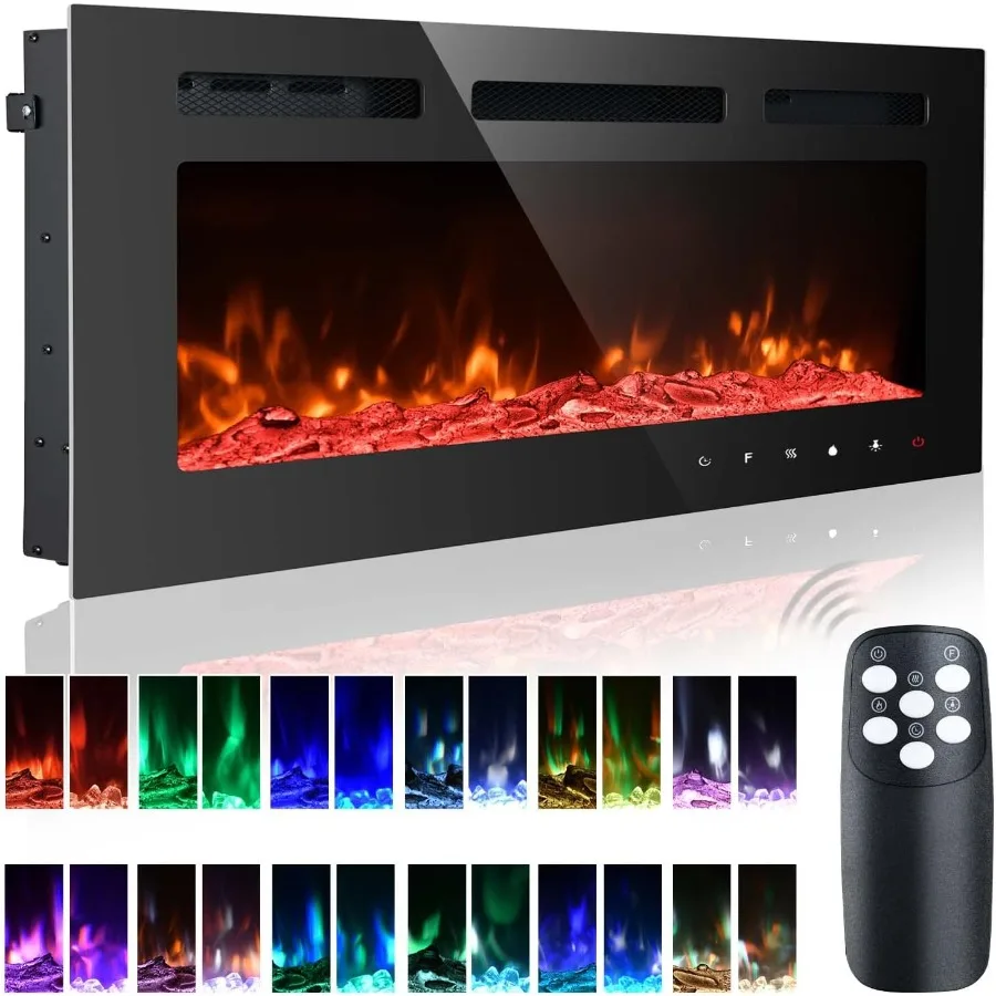 

40 Inch Wall Mounted Electric Fireplace with 12 Flame Colors Overheat Protection Safety Feature 18h Timer Functionality Dual He