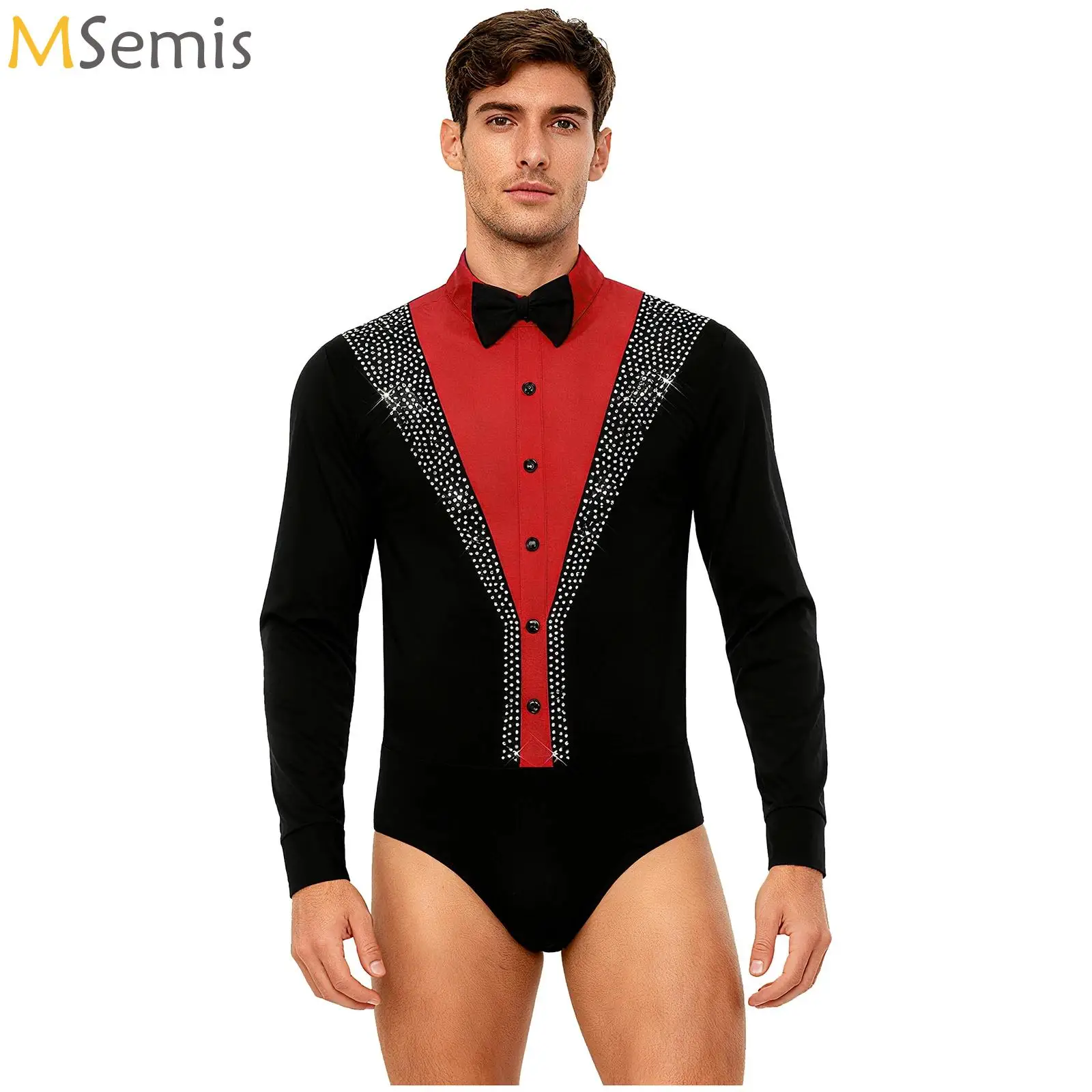 

Mens Latin Rumba Ballroom Figure Skating Dance Performance Costume Long Sleeves Tango Cha-Cha Leotard Bodysuit with Bowtie Set