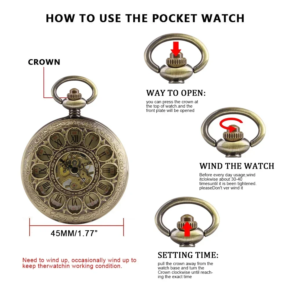 10pcs/lot Wholesale Men's Pocket Watch Vintage Hollow Digital Display Mechanical Pocket Fob Watches with Chain Unisex Gift
