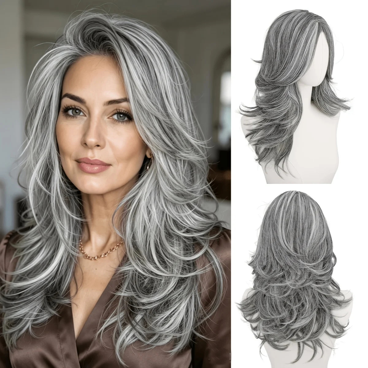 Multi-layered ladies' gray-white wig with natural, voluminous long waves, suitable for parties and role-playing