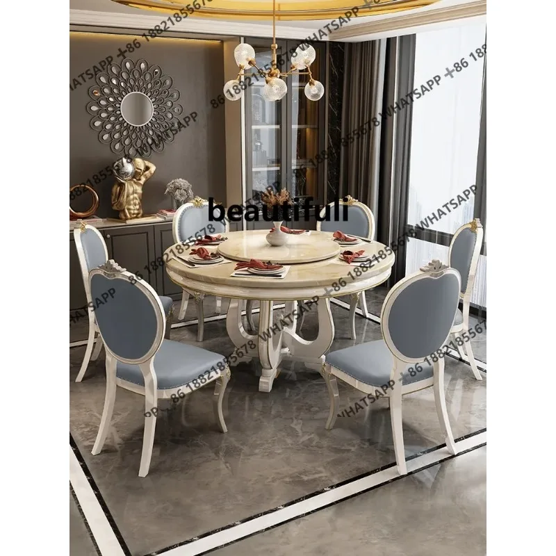 

H American solid wood dining table and chairs combination rural pastoral modern round European marble