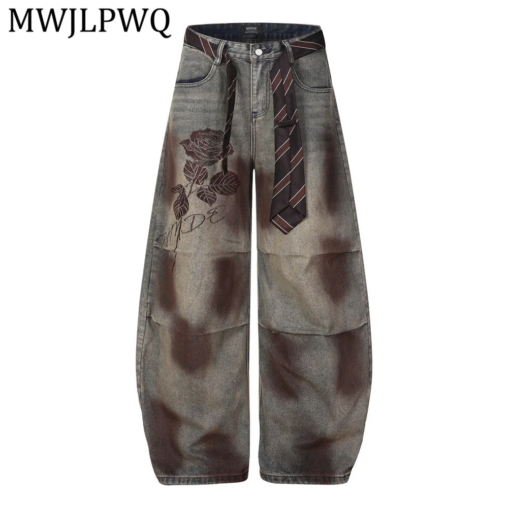 

MWJLPWQ Heavy Industry Distressed Dirty Denim Curved Pants For Men Loose Wide-Leg Embroidery Niche Spring Casual Trousers 14639