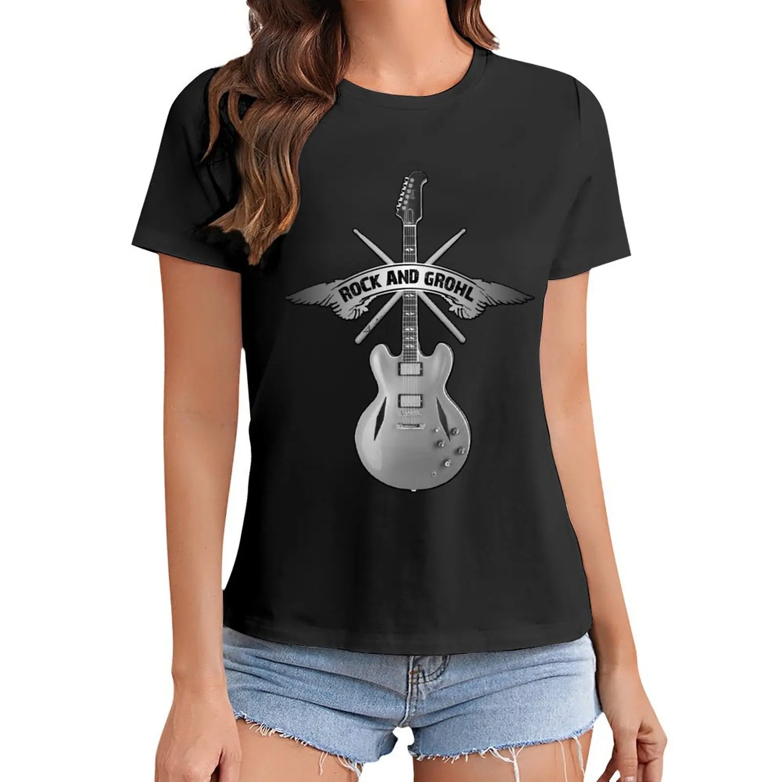 Rock En Grohl Geweldige Drumstick & Gitaar Origineel Ontwerp! T-Shirt Graphics Western T-Shirts Voor Vrouwen