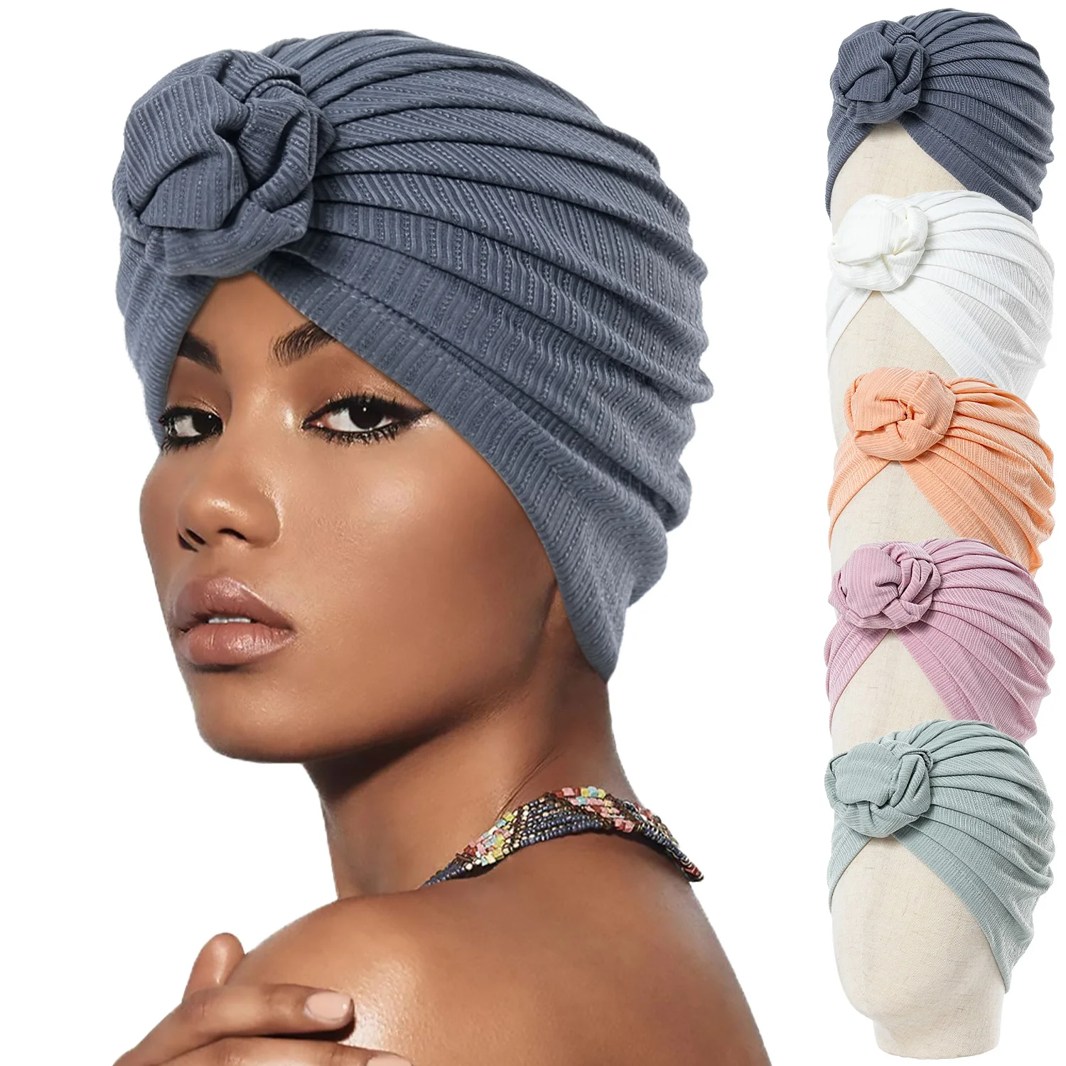 2024 Summer New Cotton Top Knot Flower Decor Headwrap Women Muslim Turban Hat Bonnet Beanie Headscarf Chemo Cap Bandanas