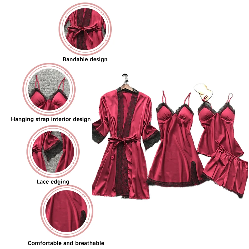 4 Pieces Women's Sexy Lace Pajamas Fashion V-Neck Gown Comfort Pajamas Pajamas Pajamas With Chest Pads Nightdress Casual Loungew