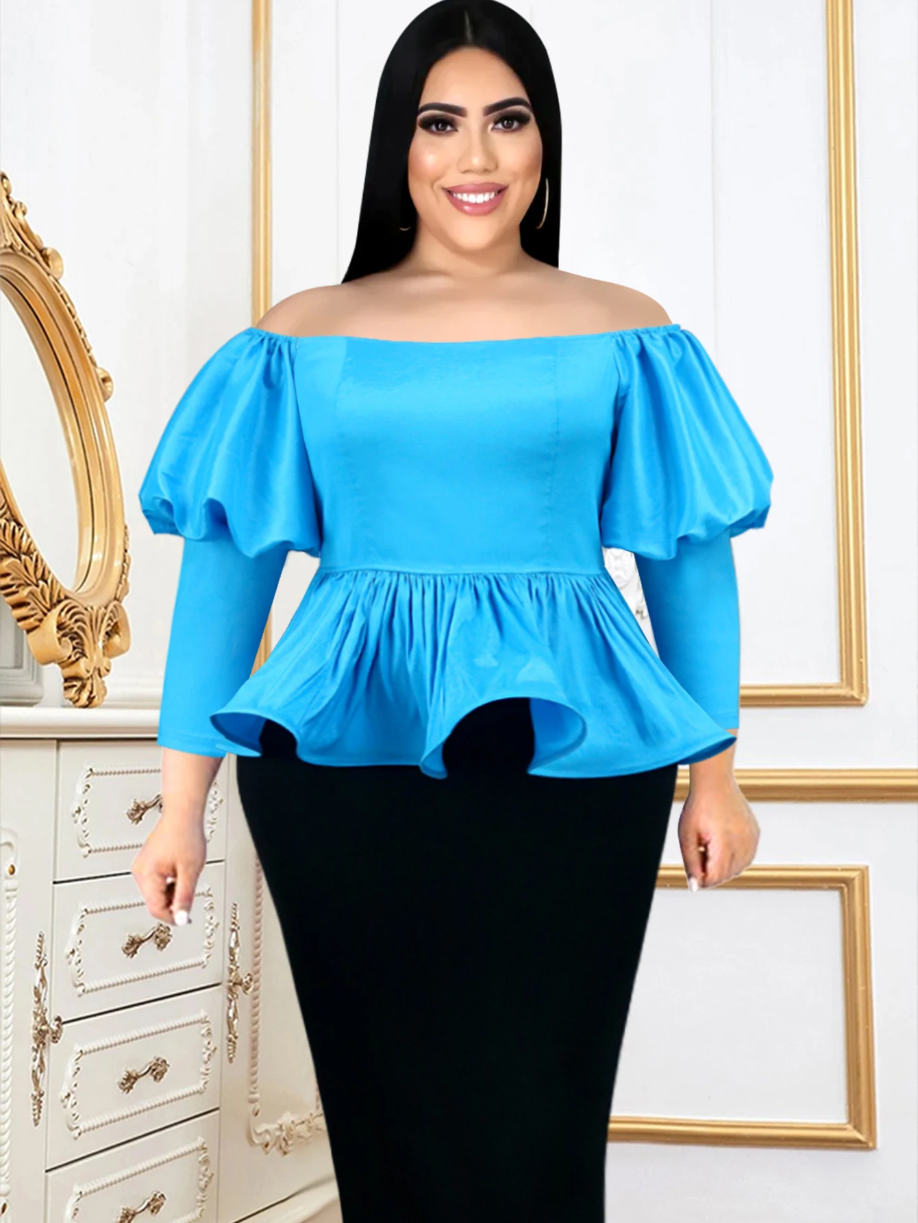 

Blue Peplum Tops Women Off Shoulder Puff Long Sleeve High Waist Slim Fit Women Evening Birthday Cocktail Party Pullover Blouses