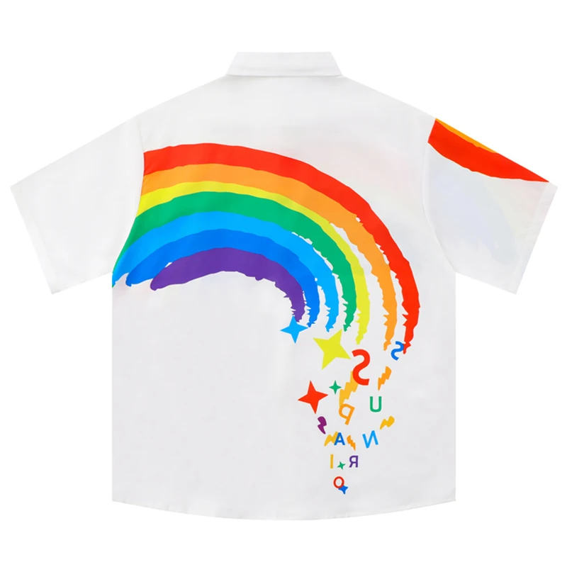 Dark Icon Dopamine Rainbow Print Hip Hop Shirt for Men Oversize Short Sleeve Preppy Style Shirt Students Tops