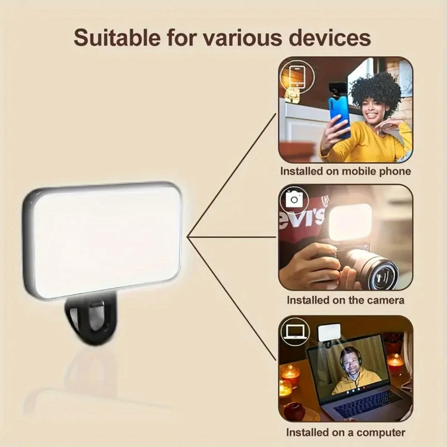 Portable Clip-On LED Selfie Light Rechargeable Fill Lamp with 3 Modes for Smartphone Computer iPad Video Conference Makeup Vlog