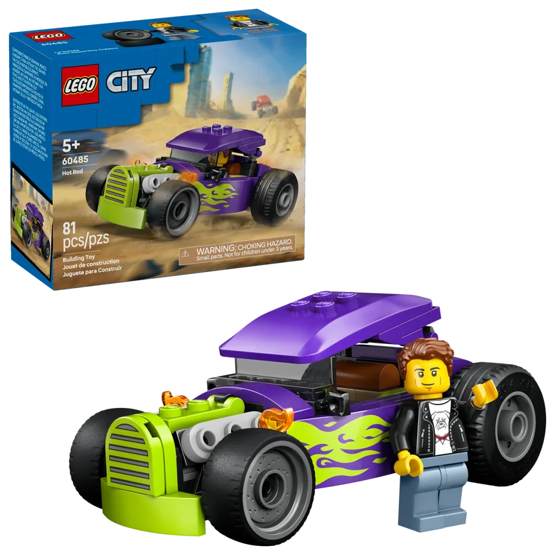 

LEGO® City Hot Rod Car Toy 60485 with Oversized Rear Tires and A Bold Purple Color Scheme with Neon Green Flames 81 Pieces