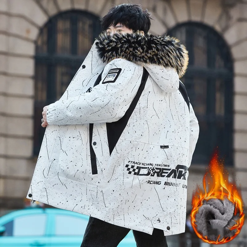 

Мужское хлопковое пальто средней длины 2025, мужская парка с меховым воротником, теплая и плотная хлопковая куртка