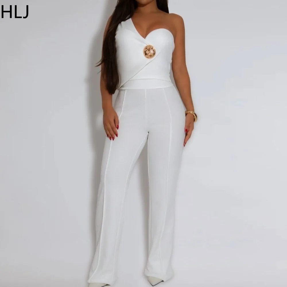 

HLJ Sexy 2 Pieces Set for Woman Outfits Sleeveless Backless Metal Buckle Patchwork Crop Top and Pants Matching Female Streetwear