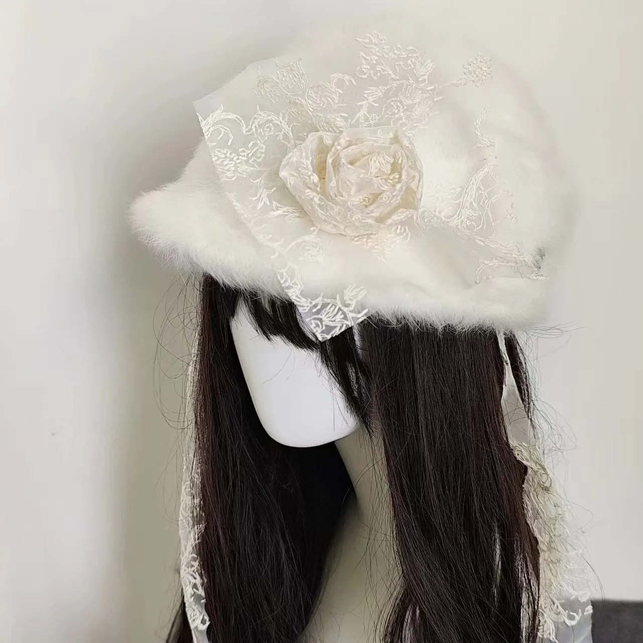 Faux Fur Plush Hats Soft Women Lolita Winter Hat Kawaii Beanies Lace Rose Girl Party Costume Cosplay Prop Sweet Harajuku Hats