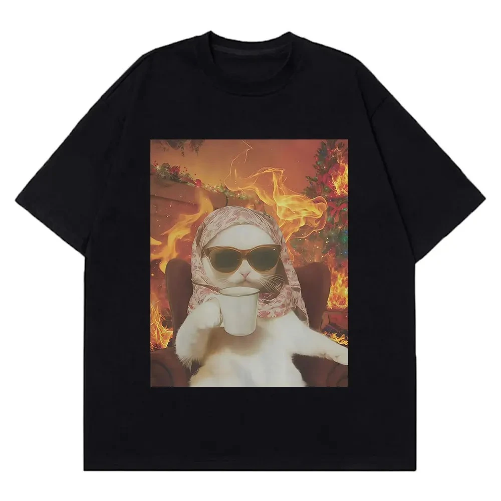 I Chill Cat Xmas Funny Cat Meme T-shirt Women Casual and Loose T-shirt Summer Hip-hop Aesthetic Fashion Tee Funny Unisex Tops