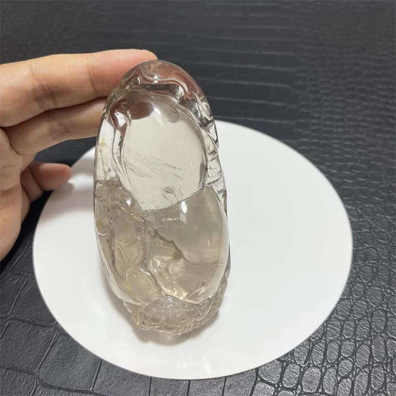 

Rainbow Natural Smoky Clear Quartz Golden Toad Crystal Hand carved
