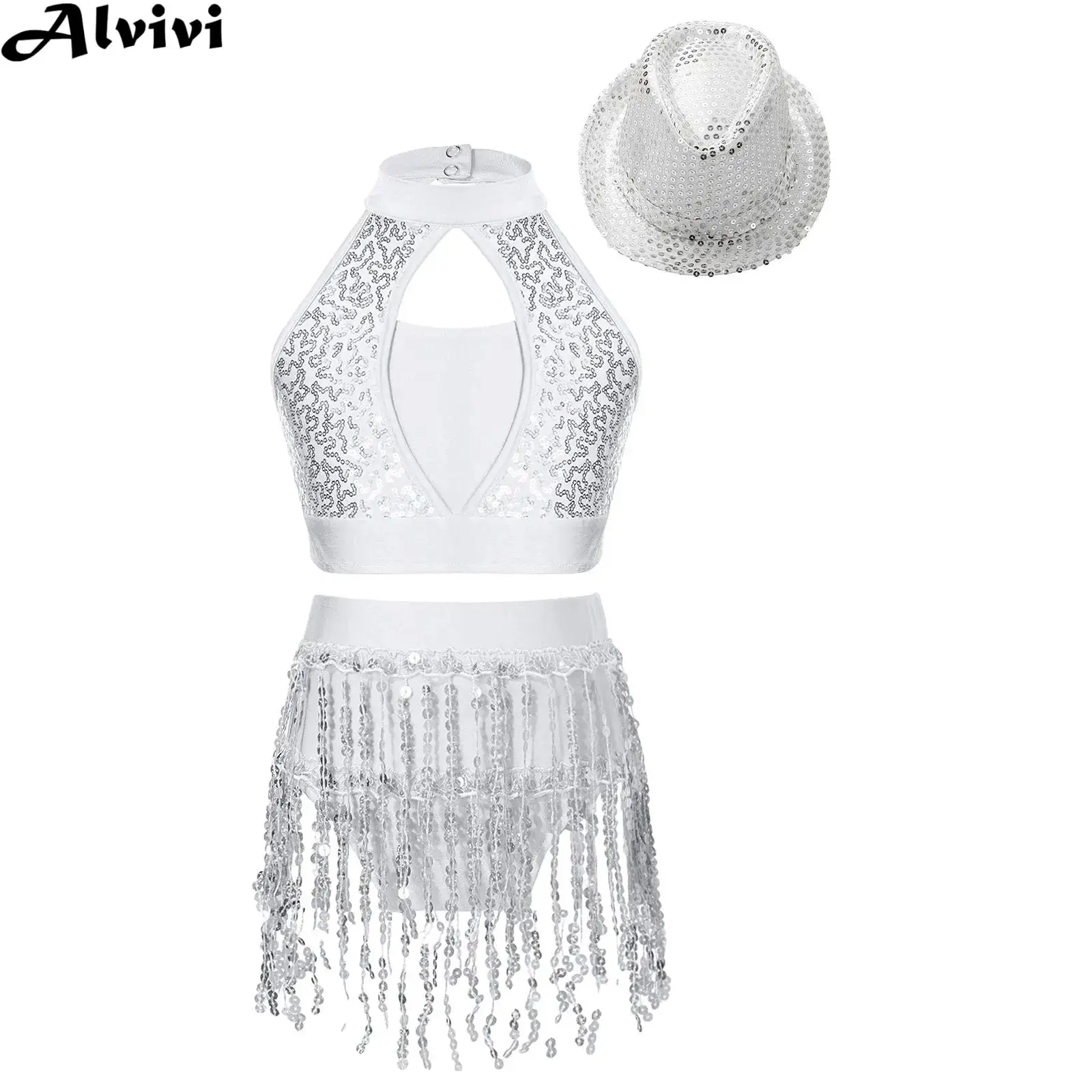 

6-16Y Girls Jazz Latin Dance Cha-cha Samba Performance Outfit Sleeveless Sequin Crop Top with Tassel Briefs Skirt Hat Dancewear