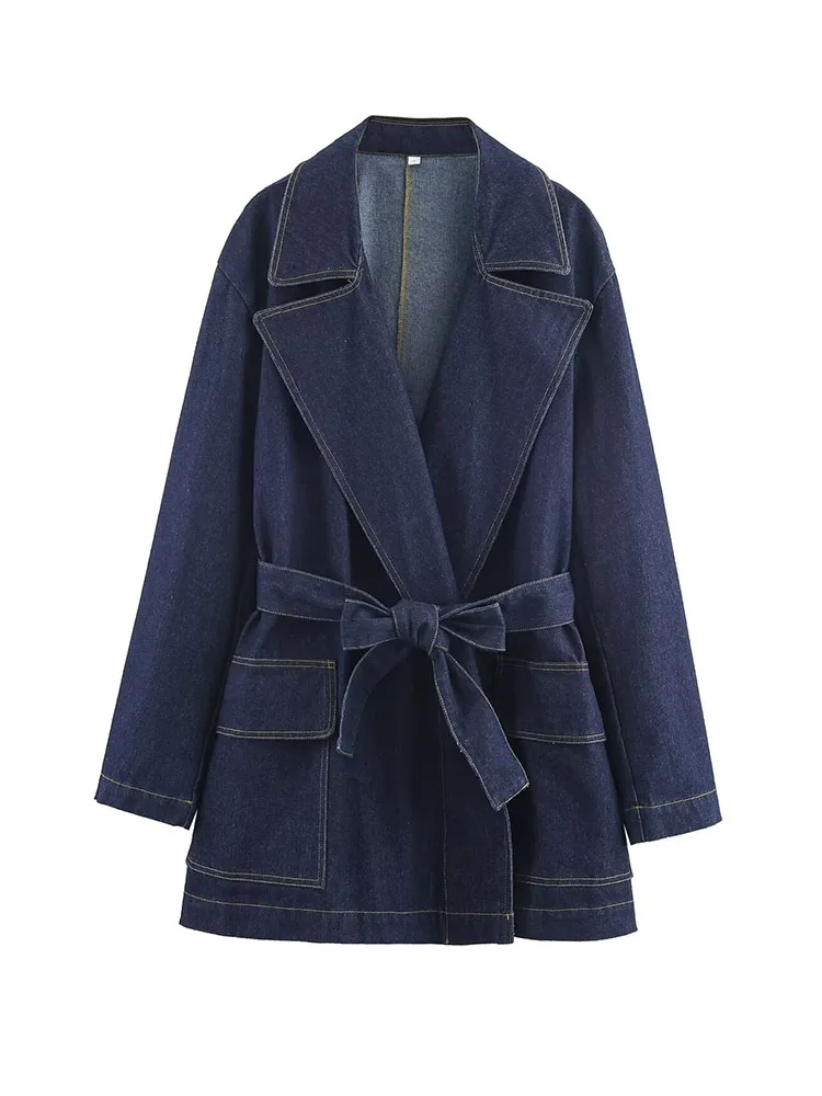 

HH Women's Winter Fashion Versatile Lapel Draped Shoulder Design Denim Short Trench Coat Female Casual Loose Pockets Belt Jacket