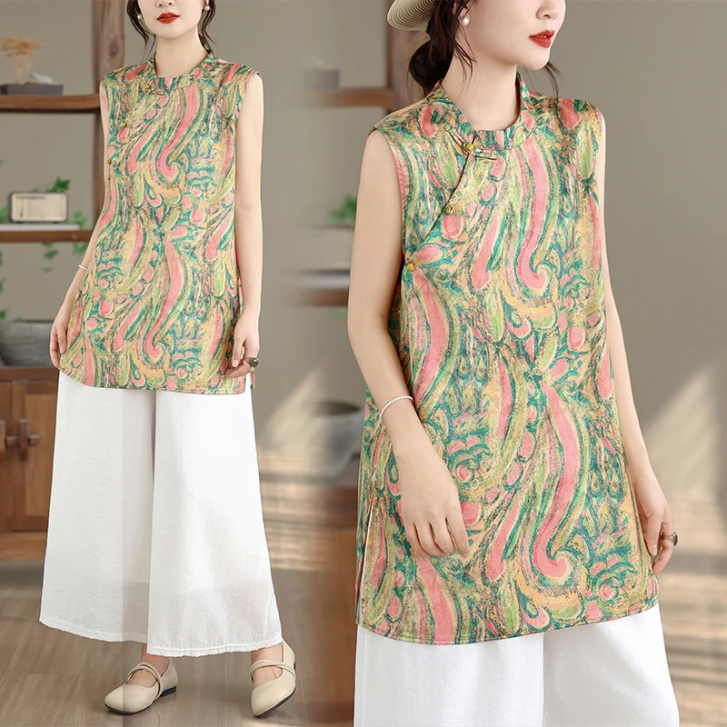 

Новая летняя женская футболка без рукавов в винтажном китайском стиле, свободного кроя, приятная к телу, тонкая, с принтом, модный повседневный топ