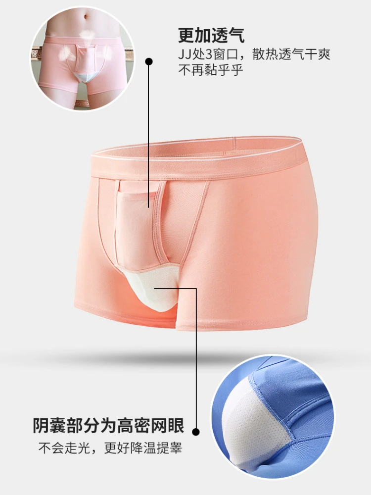 Men\'s Cotton Health Care Trunks Underwear Bullet Separation Bag Boxer Shorts Mesh Scrotum Physiological Breathable Underpant