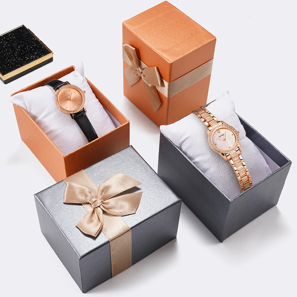 New Bowknot Watch Box with Pillow for Men Women Watch Gift Jewelry Organizer Heaven and Earth Cover Square Paper Packaging Box