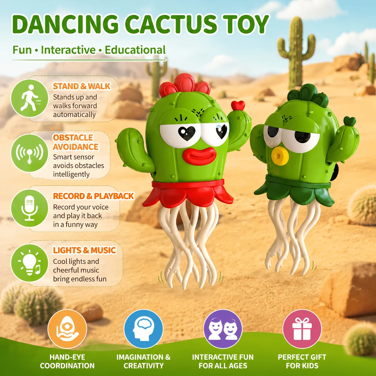 Dancing Cactus ABS Plastic Interactive Toy Cable Record Playback Light Music Kids Gift for Birthday Christmas Home  Play
